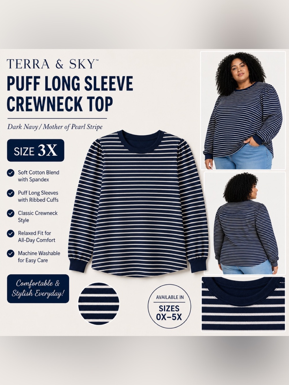 NWT Terra & Sky Puff Long Sleeve Crew Neck Top